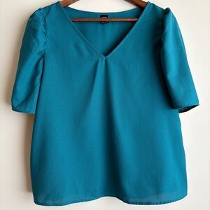 Emery Rose Teal V-Neck Puff Sleeve Blouse Size L | Minimalist Chic Top